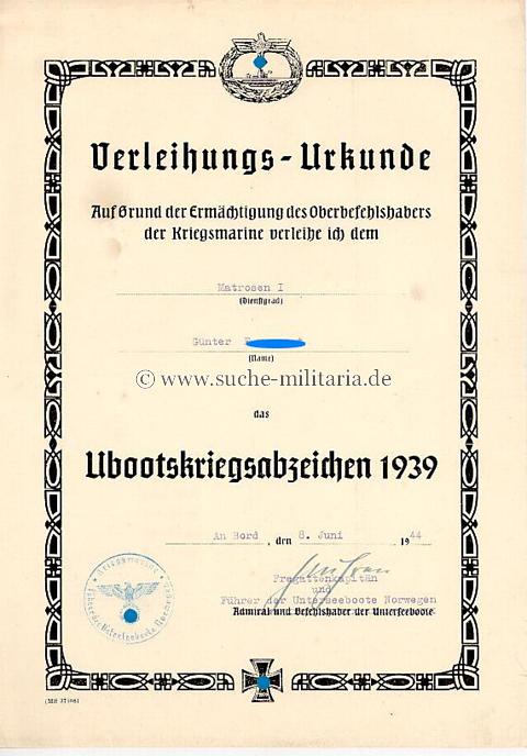 U-Boot Kriegsabzeichen - Besitzeugnis / Verleihungsurkunde