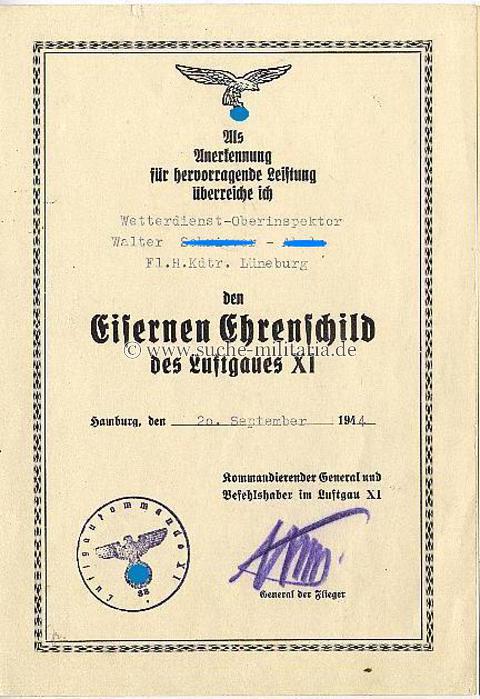 Ehrenschild des Luftgaues XI - Verleihungsurkunde an einen Inspektors der Luftwaffe