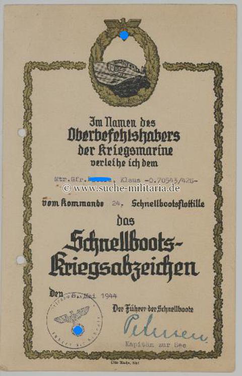 Schnellboot Kriegsabzeichen - Kommando 24. Schnellbootsflottille - Besitzeugnis / Verleihungsurkunde