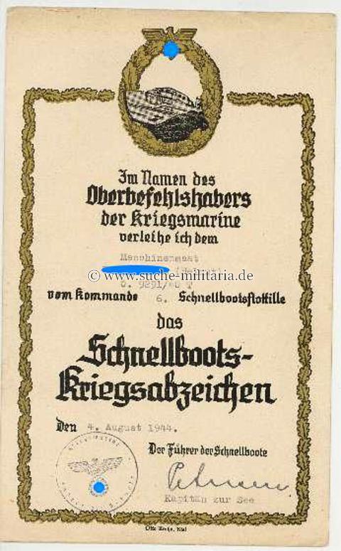 Schnellboot Kriegsabzeichen - Kommando 6. Schnellbootsflottille - Besitzeugnis / Verleihungsurkunde