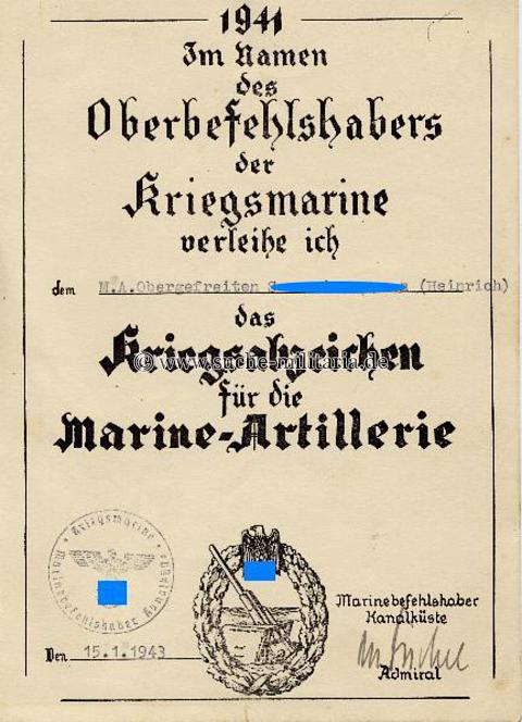 Marineartillerie / Küstenartillerie Kriegsabzeichen - Besitzeugnis / Verleihungsurkunde
